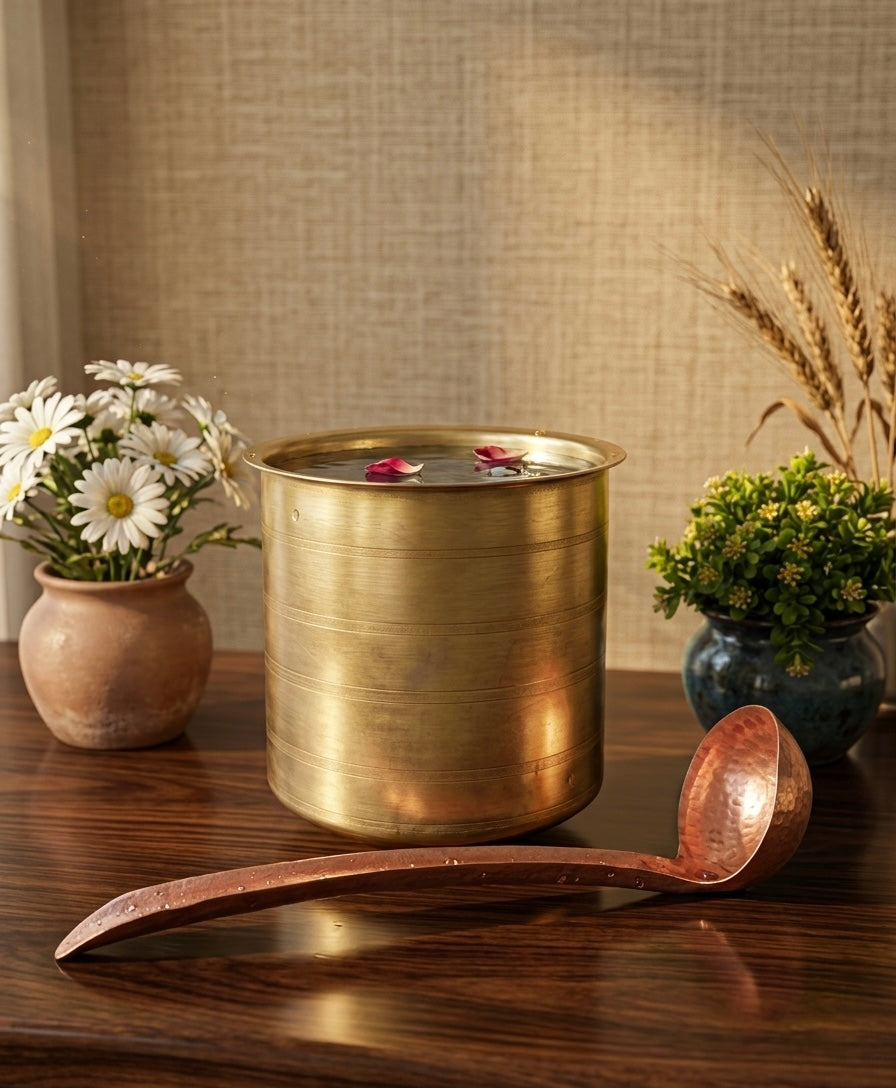 Antique Brass Long Shape Cooking Bowl | with Copper Ladle | Pital Bhagoni | Kitchen Utensil with Spatula - Bombay Antiques