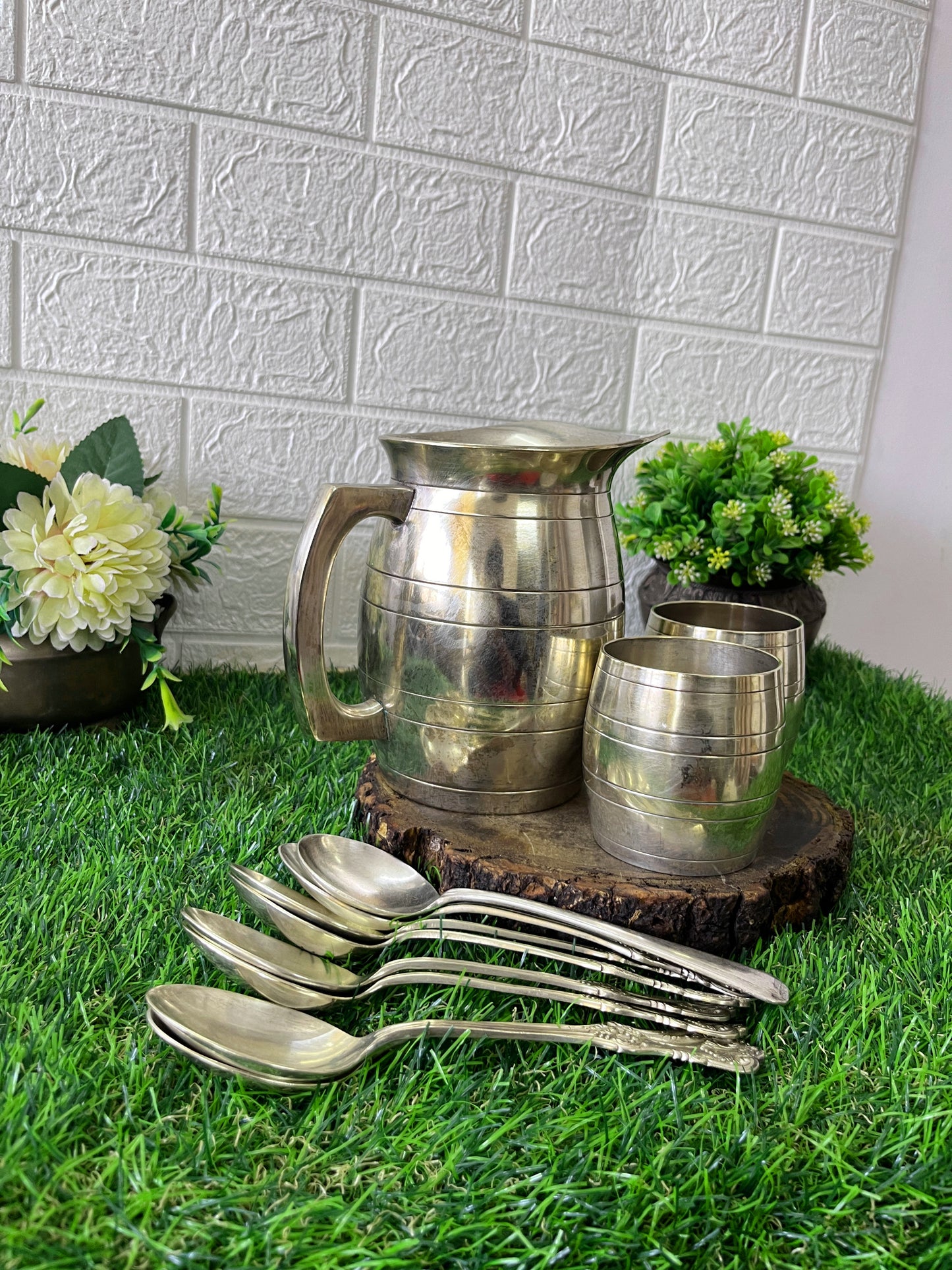 Brass Refreshment Set - Antique Silver Coated Brass Jug Set With Spoon And Glass - Bombay Antiques
