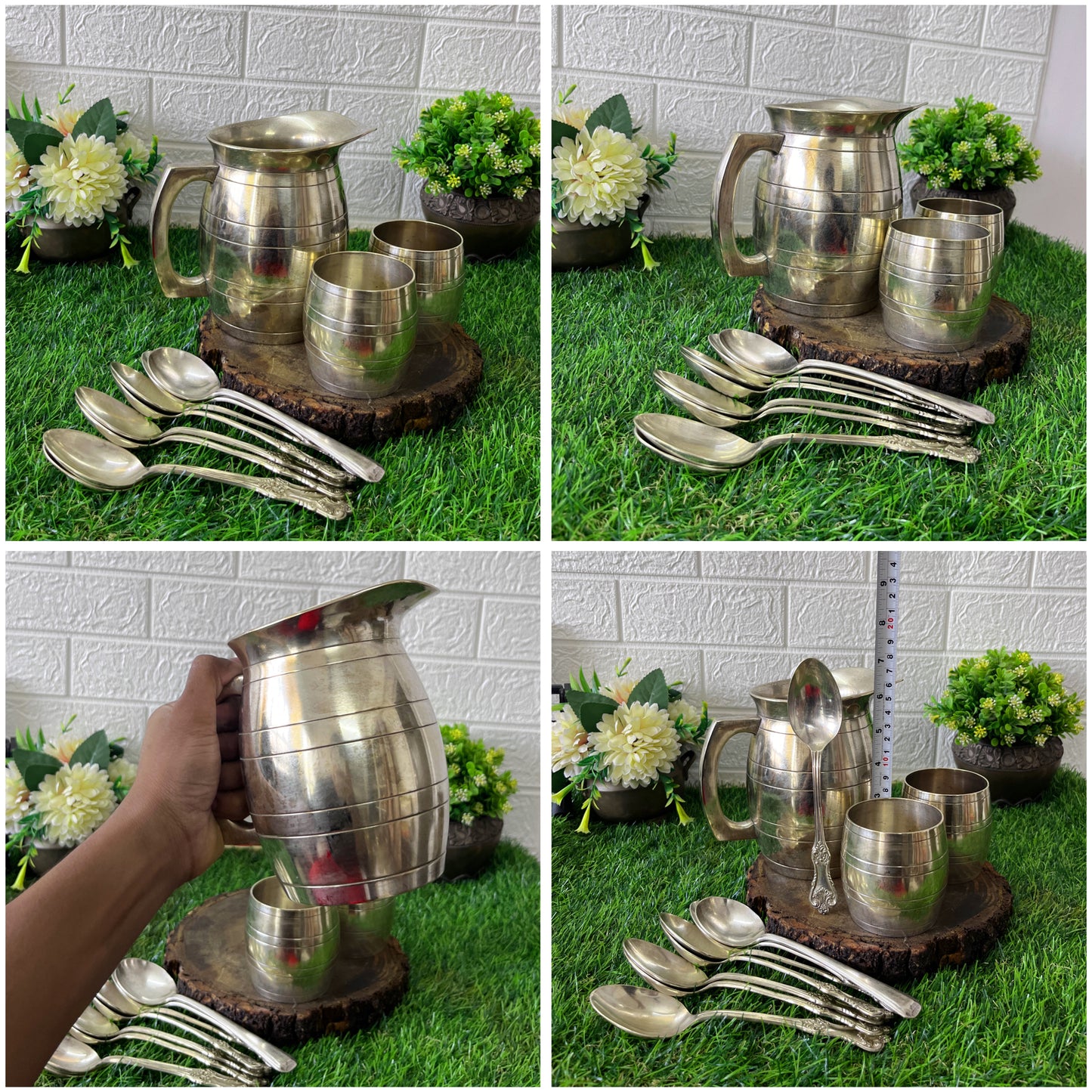 Brass Refreshment Set - Antique Silver Coated Brass Jug Set With Spoon And Glass - Bombay Antiques
