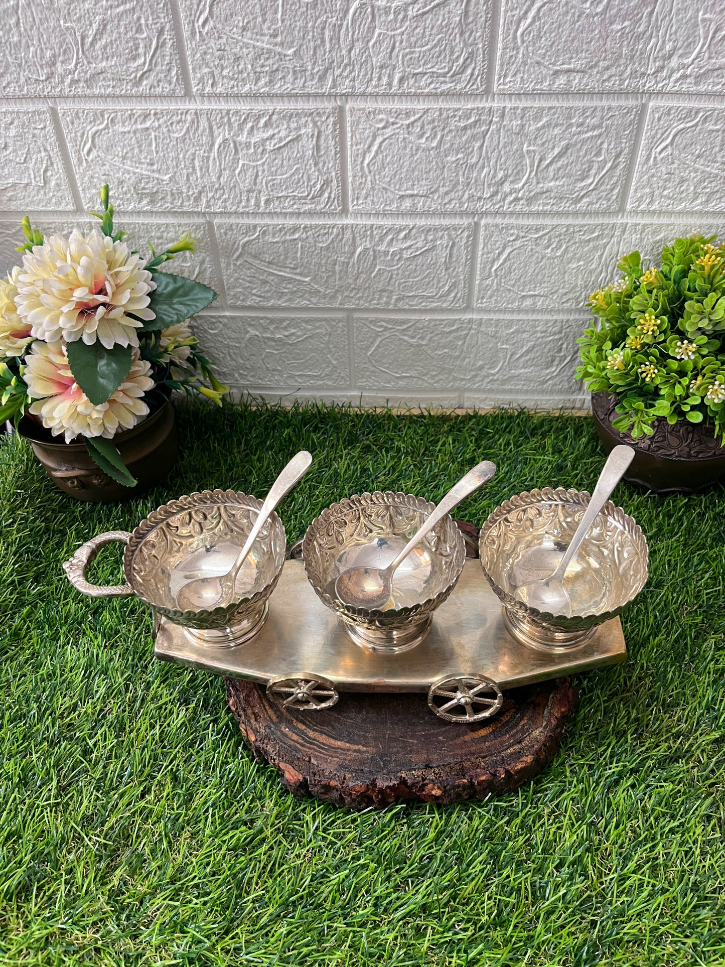 Brass Silver Coated Serving Bowls - Antique Serving Item - Bombay Antiques