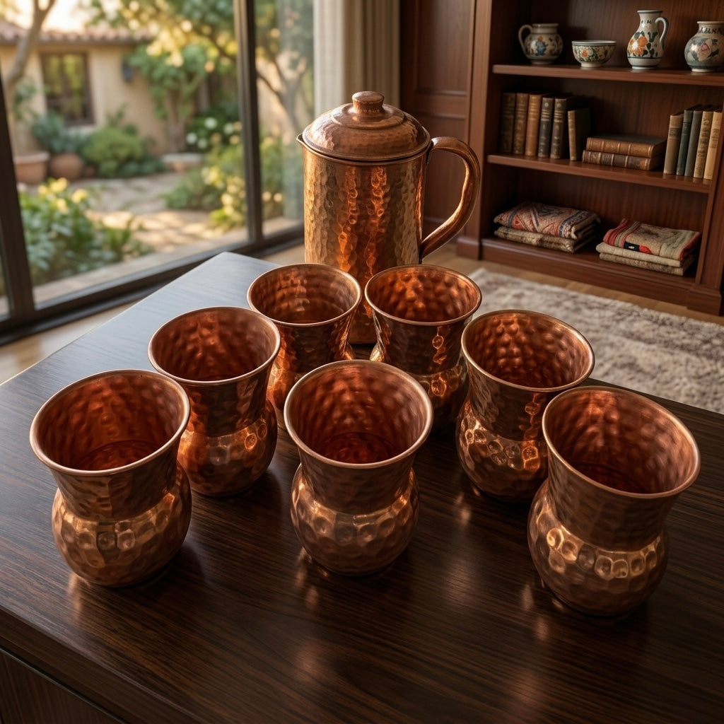 Antique Copper Jug with Glasses | Traditional Drinkware & Decor