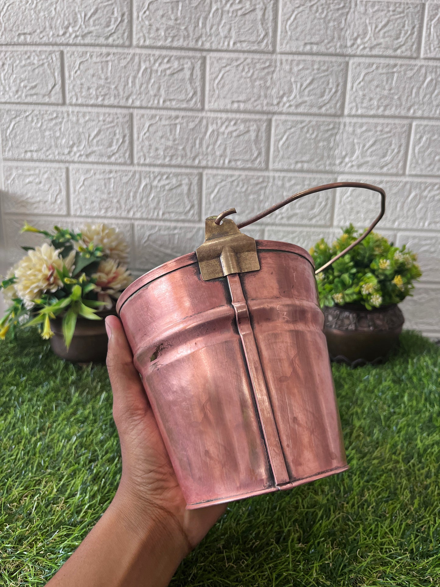 Cooper Bucket With Brass Spoon - Antique Serving Item - Bombay Antiques