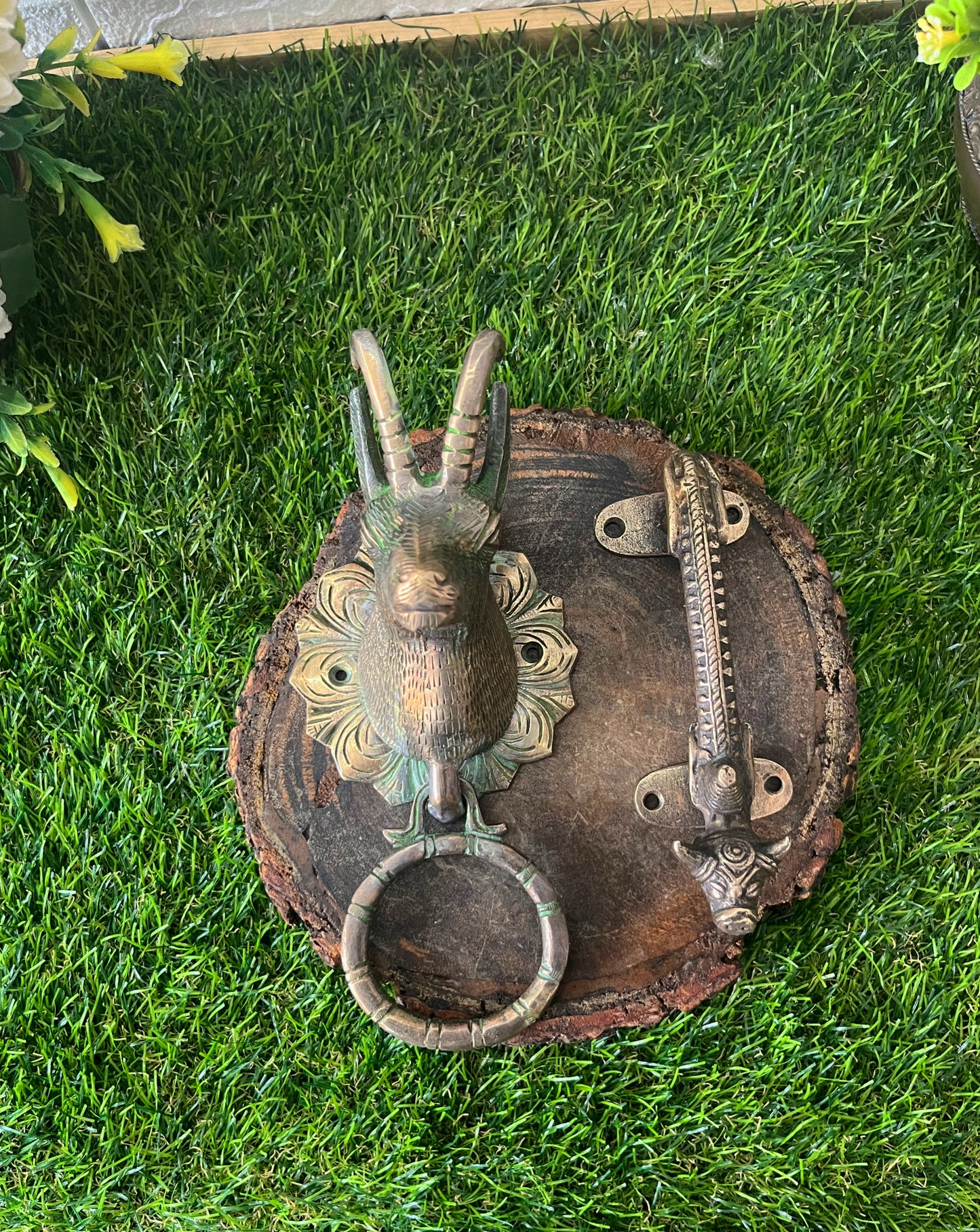 Brass Door Handle And Door Knocker - Antique Kadi/Animal - Bombay Antiques
