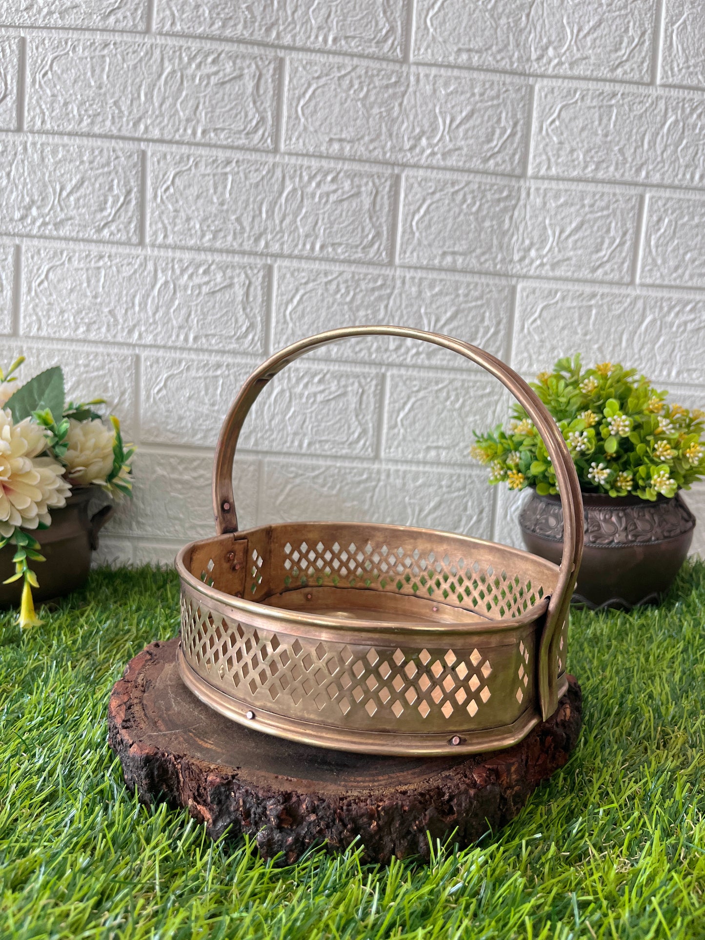 Brass Flower Basket - Antique Brass Decor Basket - Bombay Antiques