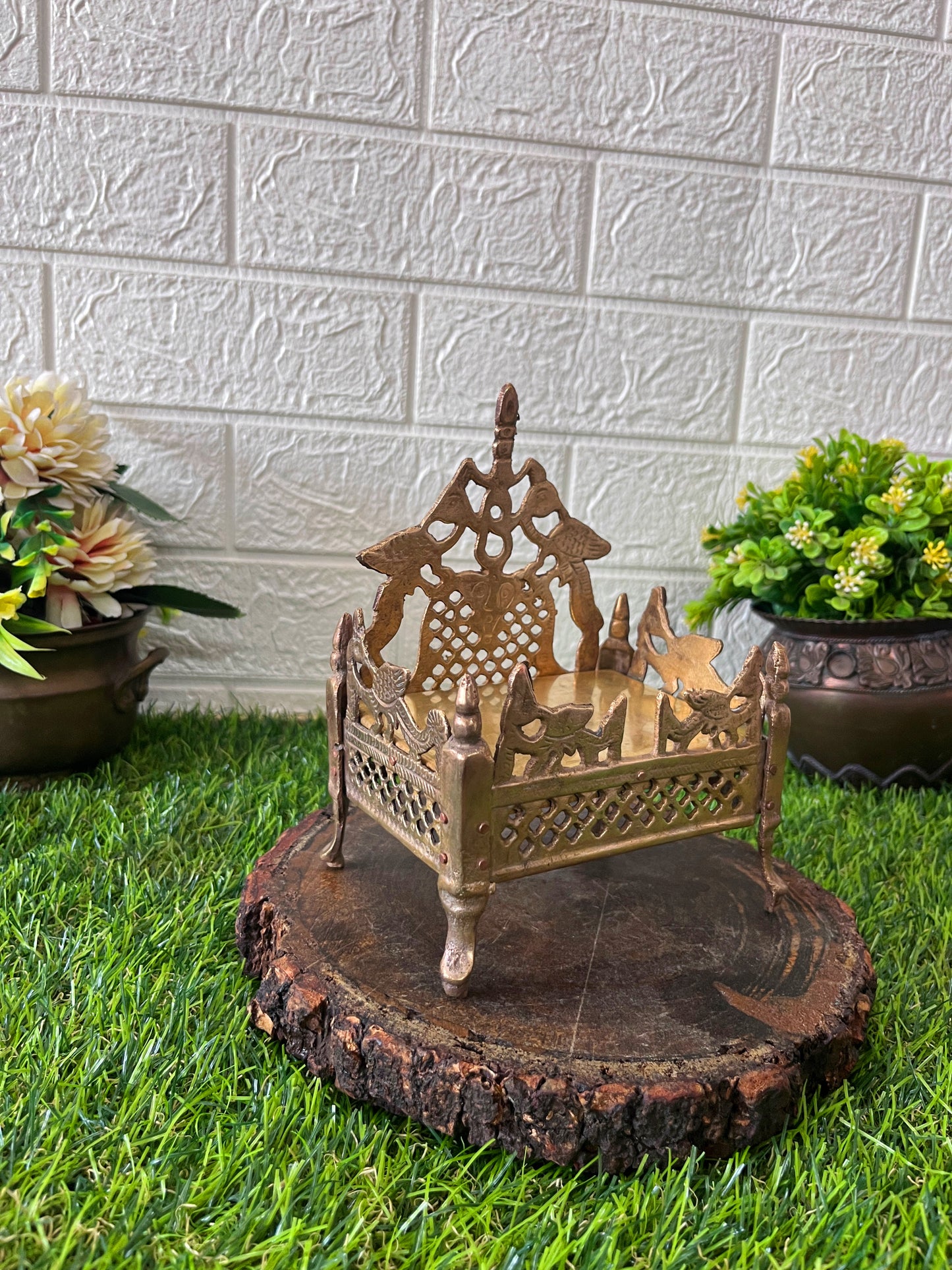 Brass Engraved Singhasan - Antique Item - Bombay Antiques