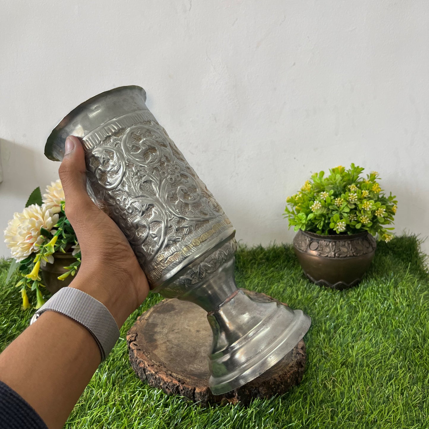 Antique German Silver Engraved Vase - Bombay Antiques