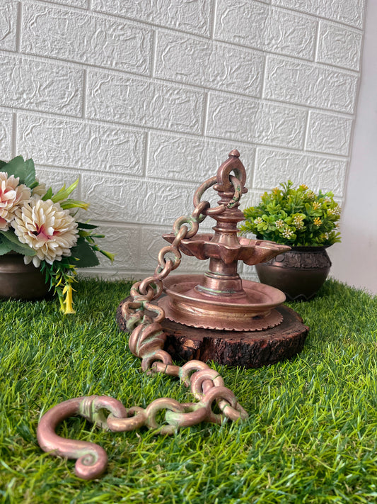 Copper lamandiva - Antique 9 Wicks Hanging Oil Lamp - Bombay Antiques