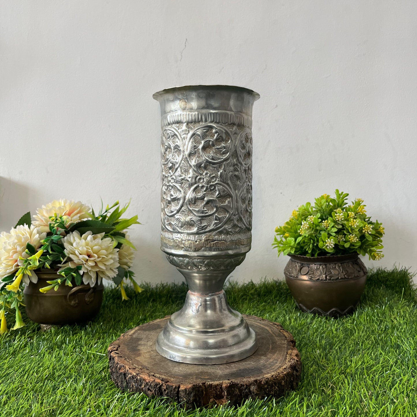 Antique German Silver Engraved Vase - Bombay Antiques