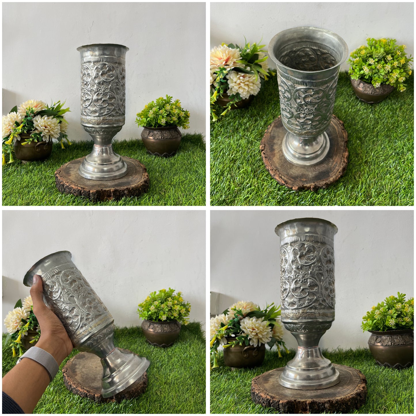 Antique German Silver Engraved Vase - Bombay Antiques