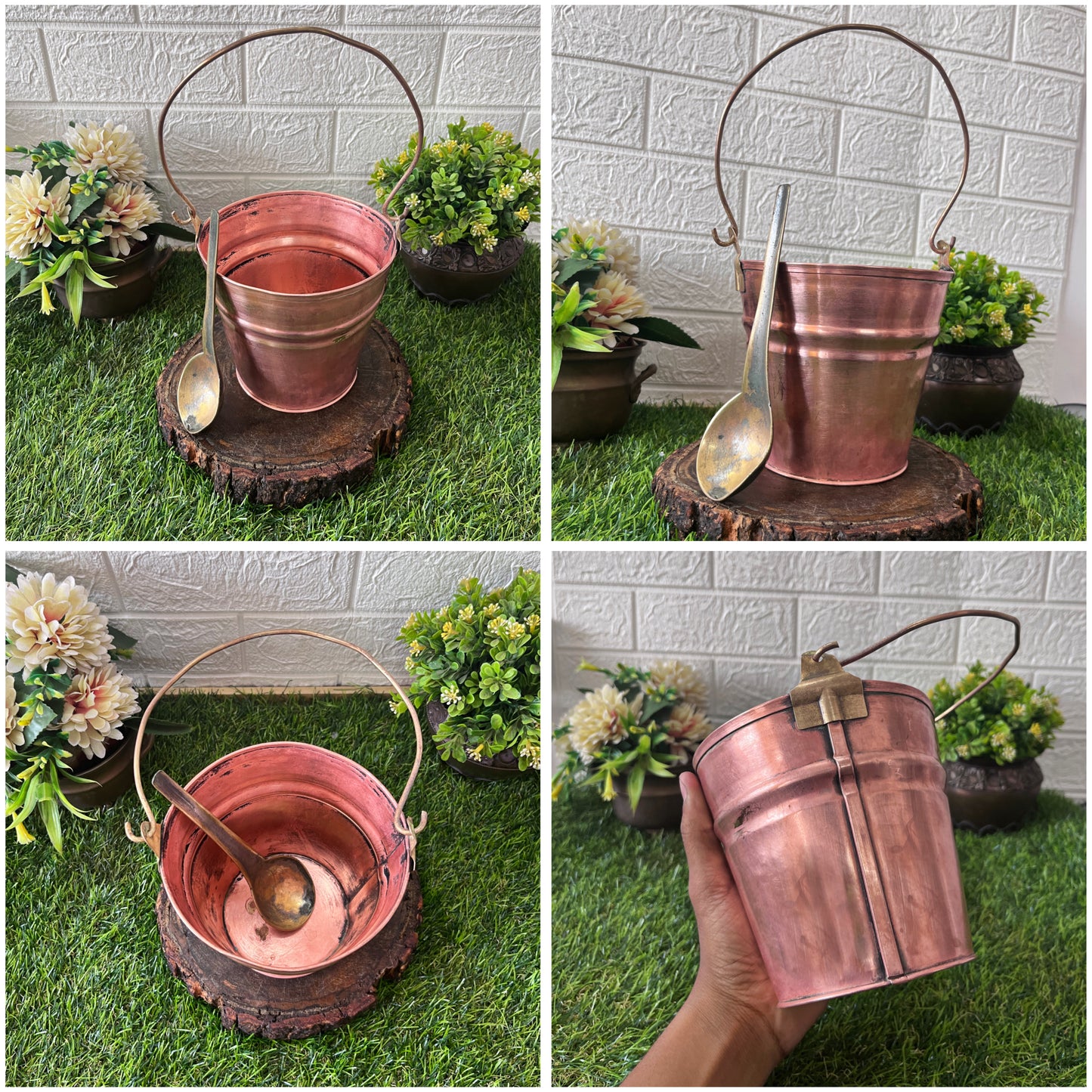 Cooper Bucket With Brass Spoon - Antique Serving Item - Bombay Antiques