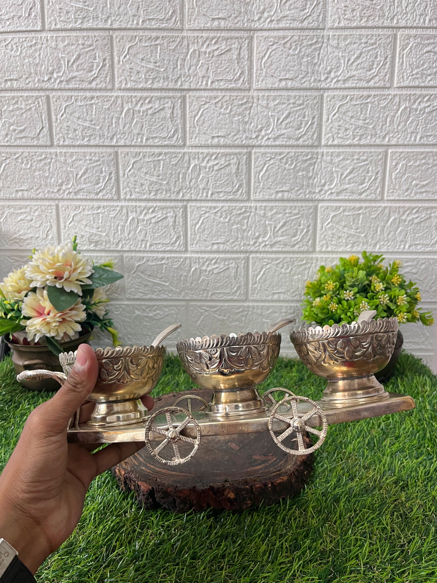 Brass Silver Coated Serving Bowls - Antique Serving Item - Bombay Antiques