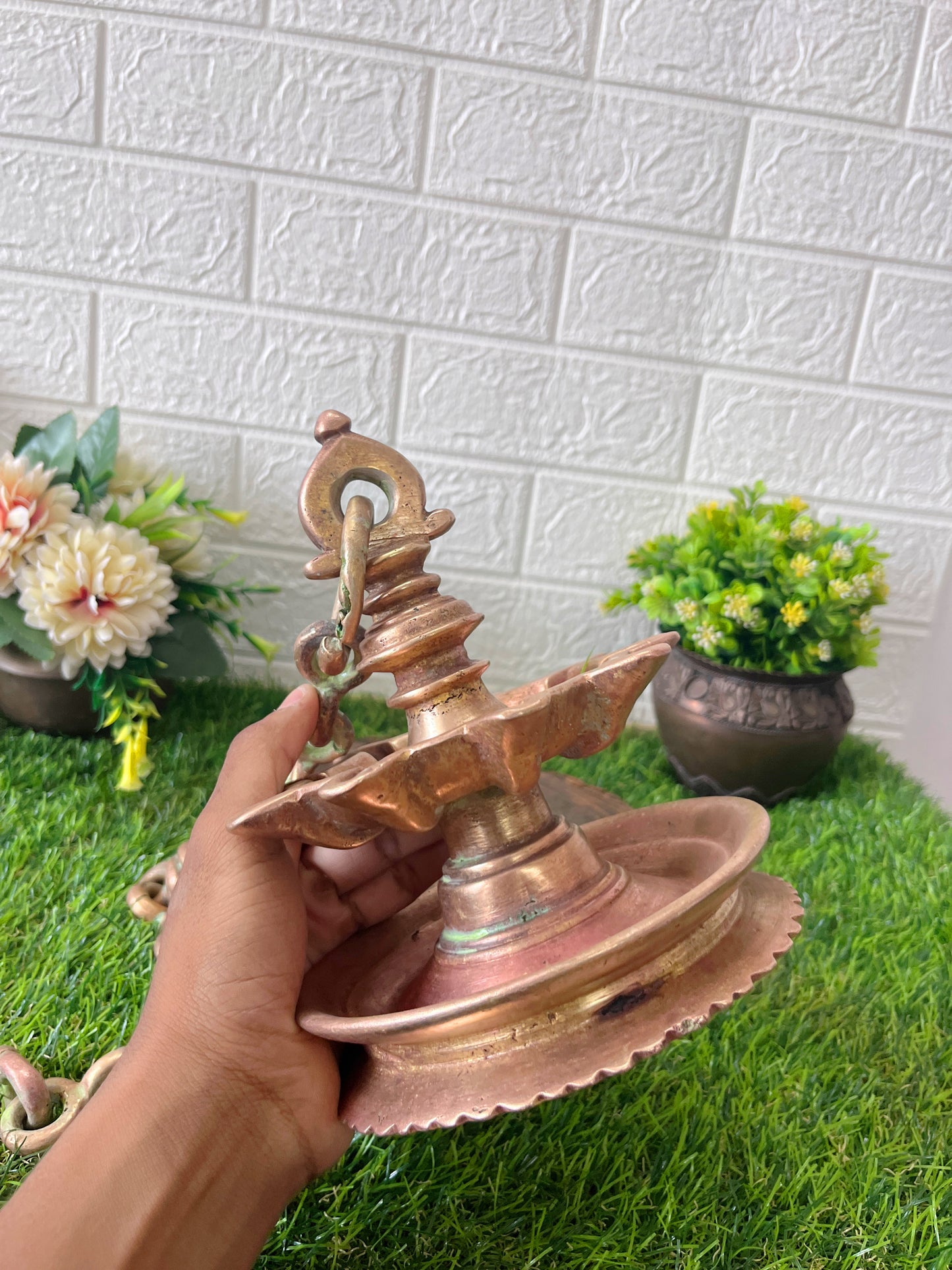 Copper lamandiva - Antique 9 Wicks Hanging Oil Lamp - Bombay Antiques