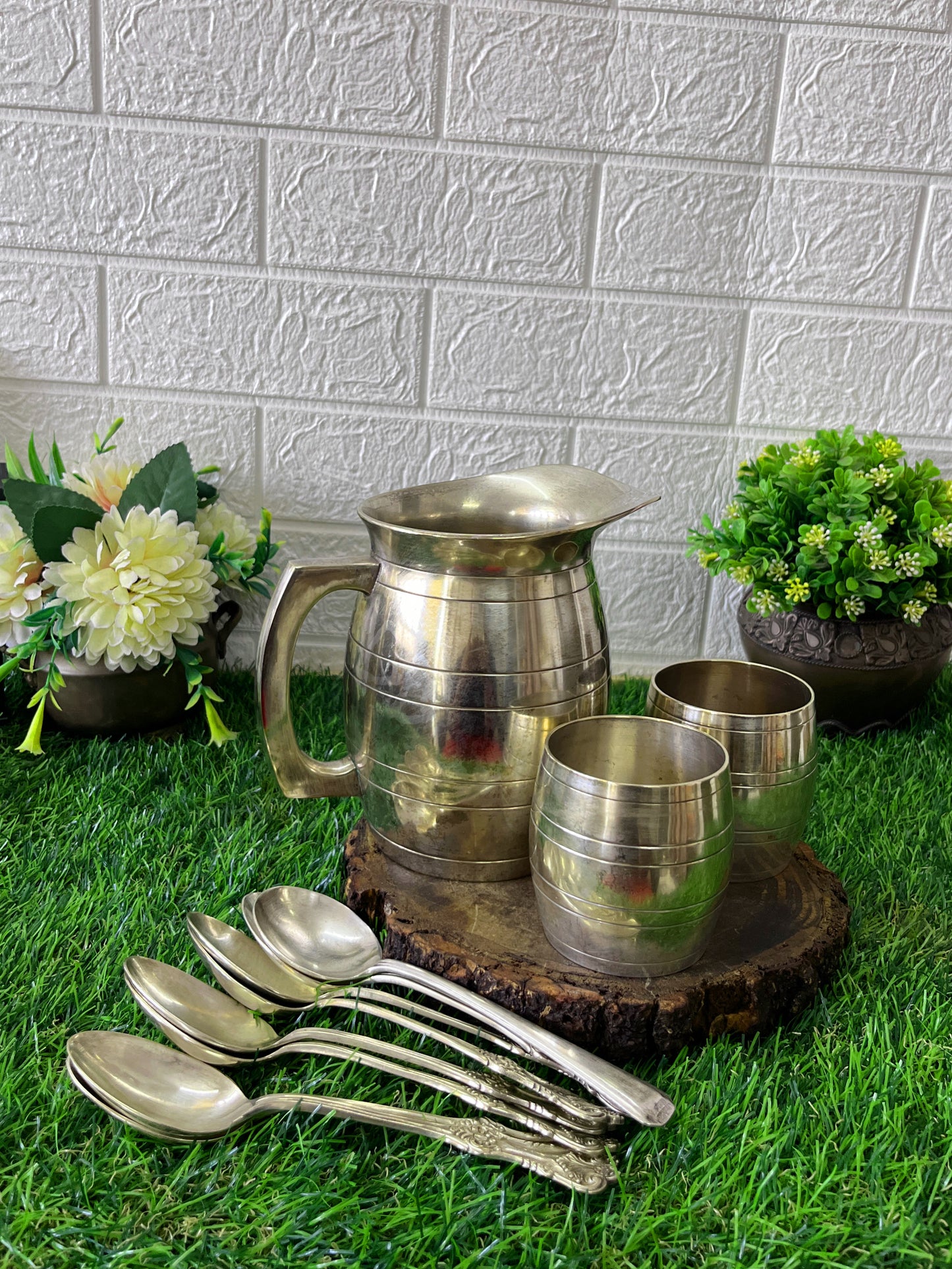 Brass Refreshment Set - Antique Silver Coated Brass Jug Set With Spoon And Glass - Bombay Antiques