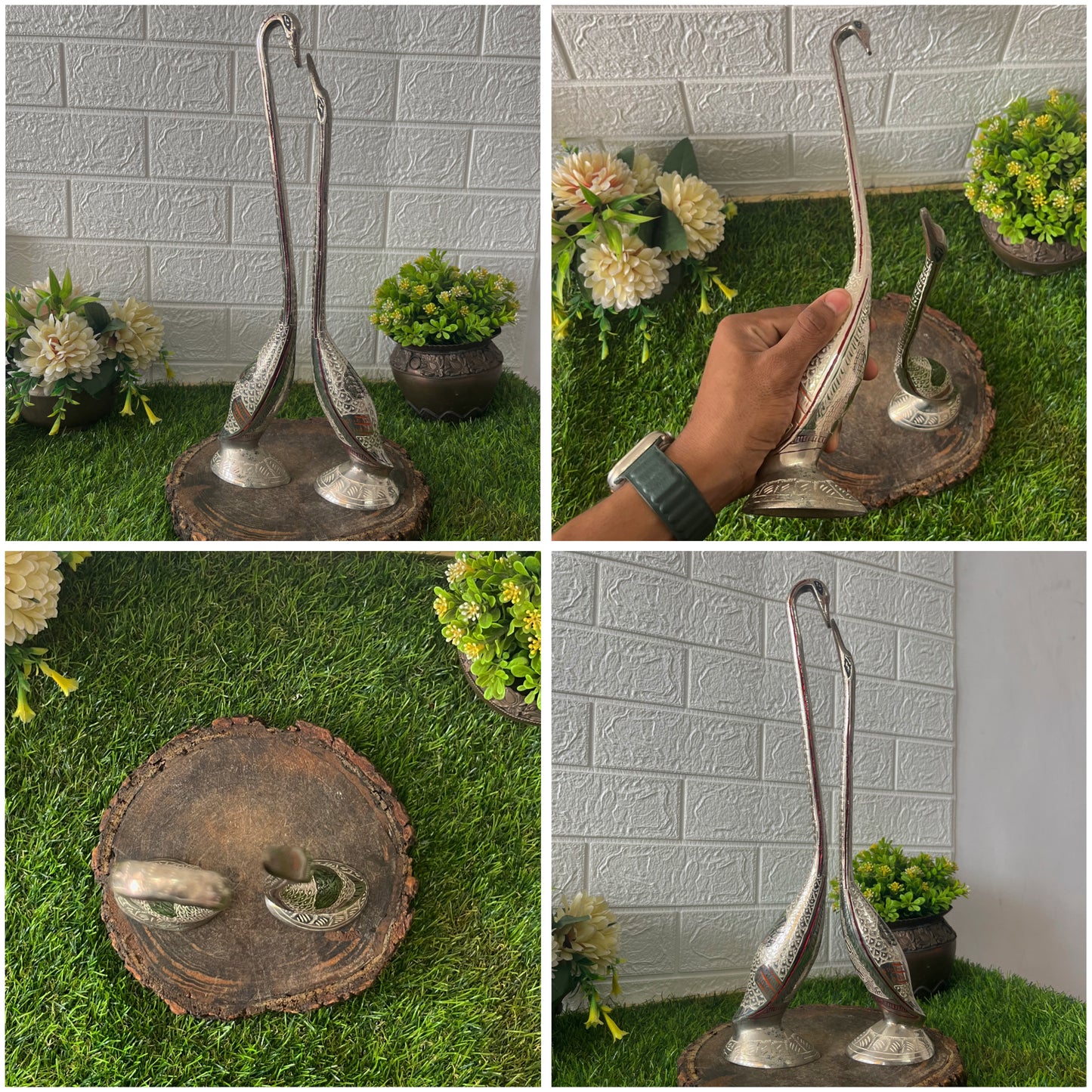 Antique Brass Silver Coated Swan Pair - Bombay Antiques