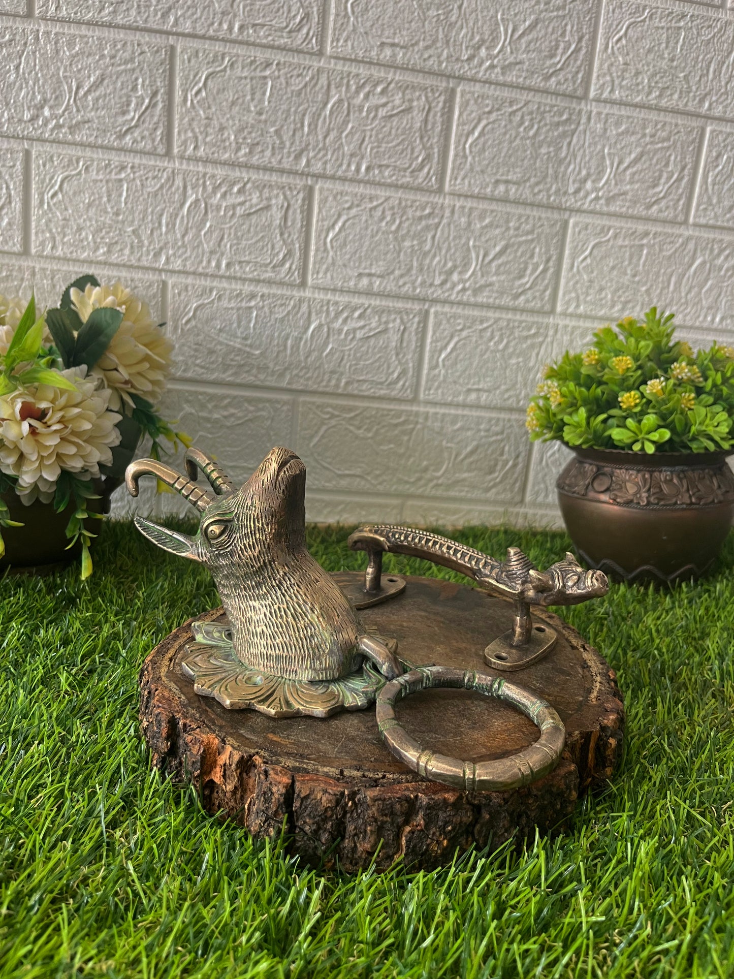 Brass Door Handle And Door Knocker - Antique Kadi/Animal - Bombay Antiques