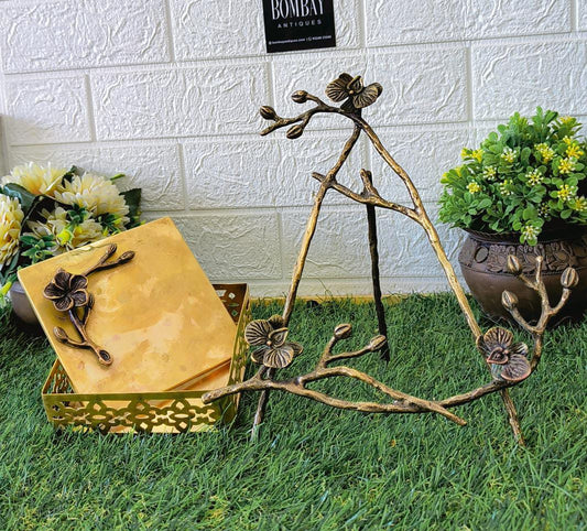 Antique Brass Leaves & Flowers Display Stand with Storage Box