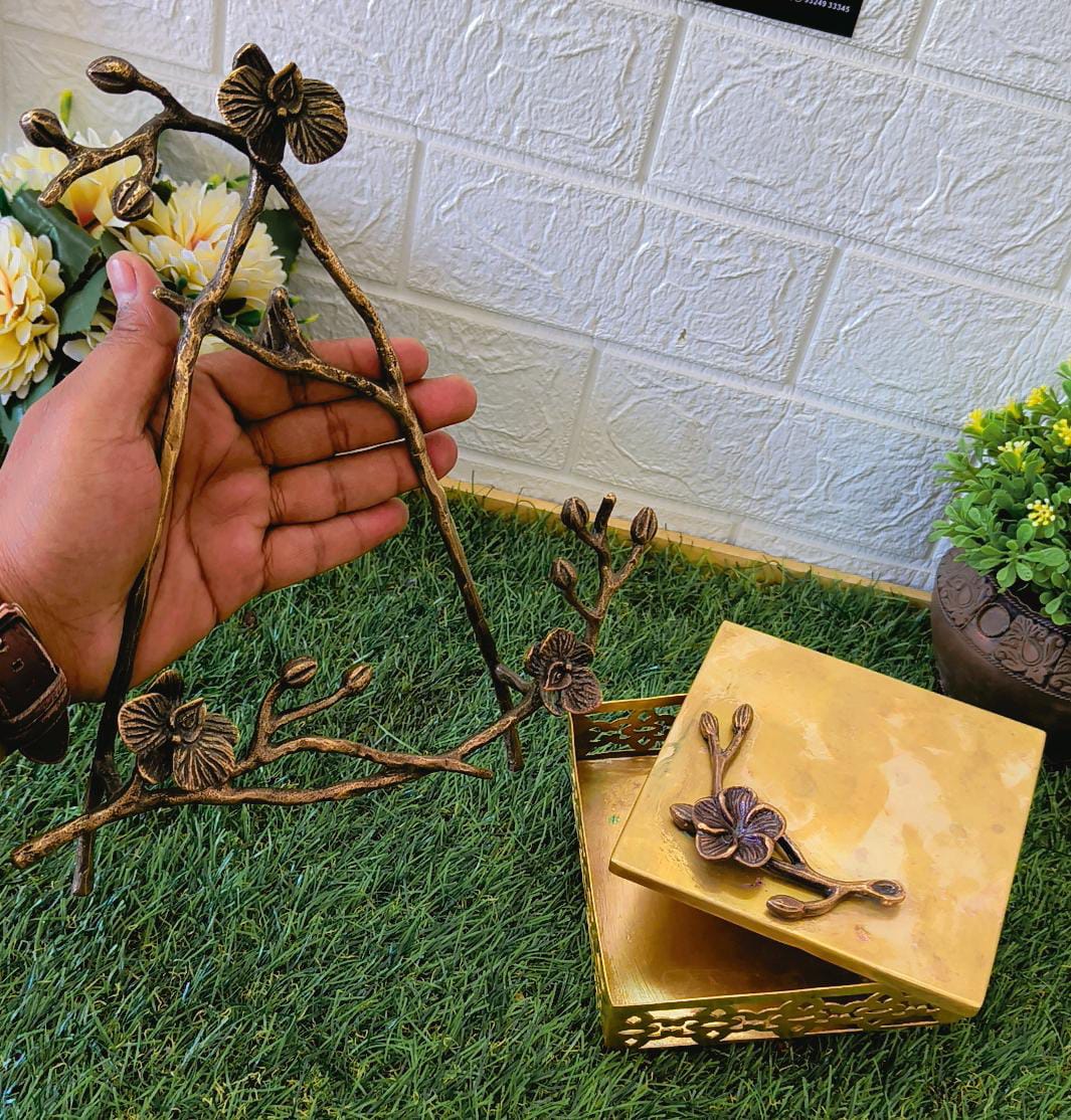 Antique Brass Leaves & Flowers Display Stand with Storage Box