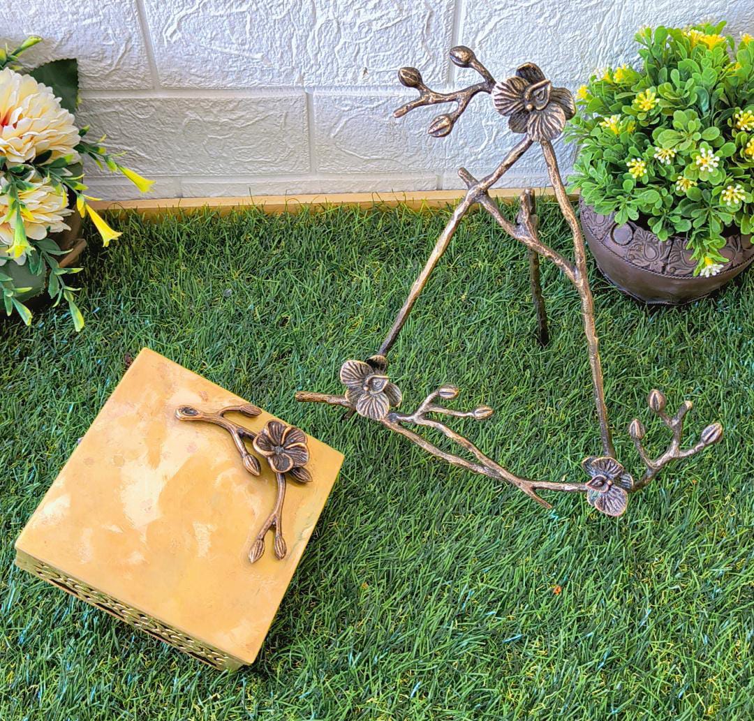 Antique Brass Leaves & Flowers Display Stand with Storage Box