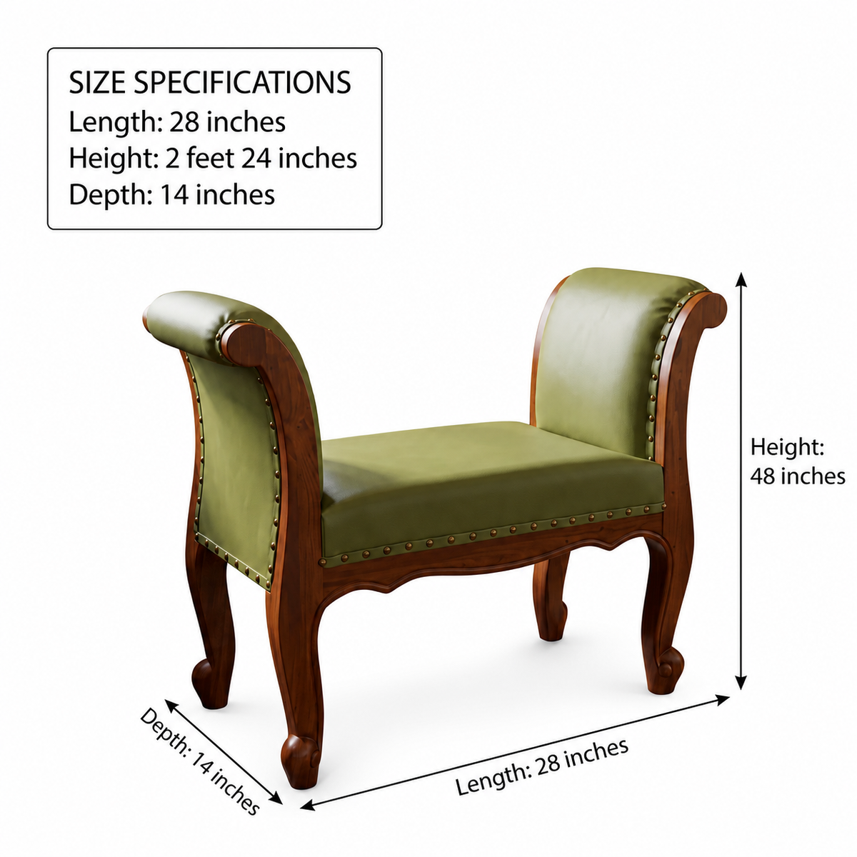 Sagwan Teak Wood Olive Green Leatherette Window Bench | Solid Teak Rolled-Arm Ottoman Bench with Antique Brass Studs | Inspired by 19th Century Regency & Empire Style