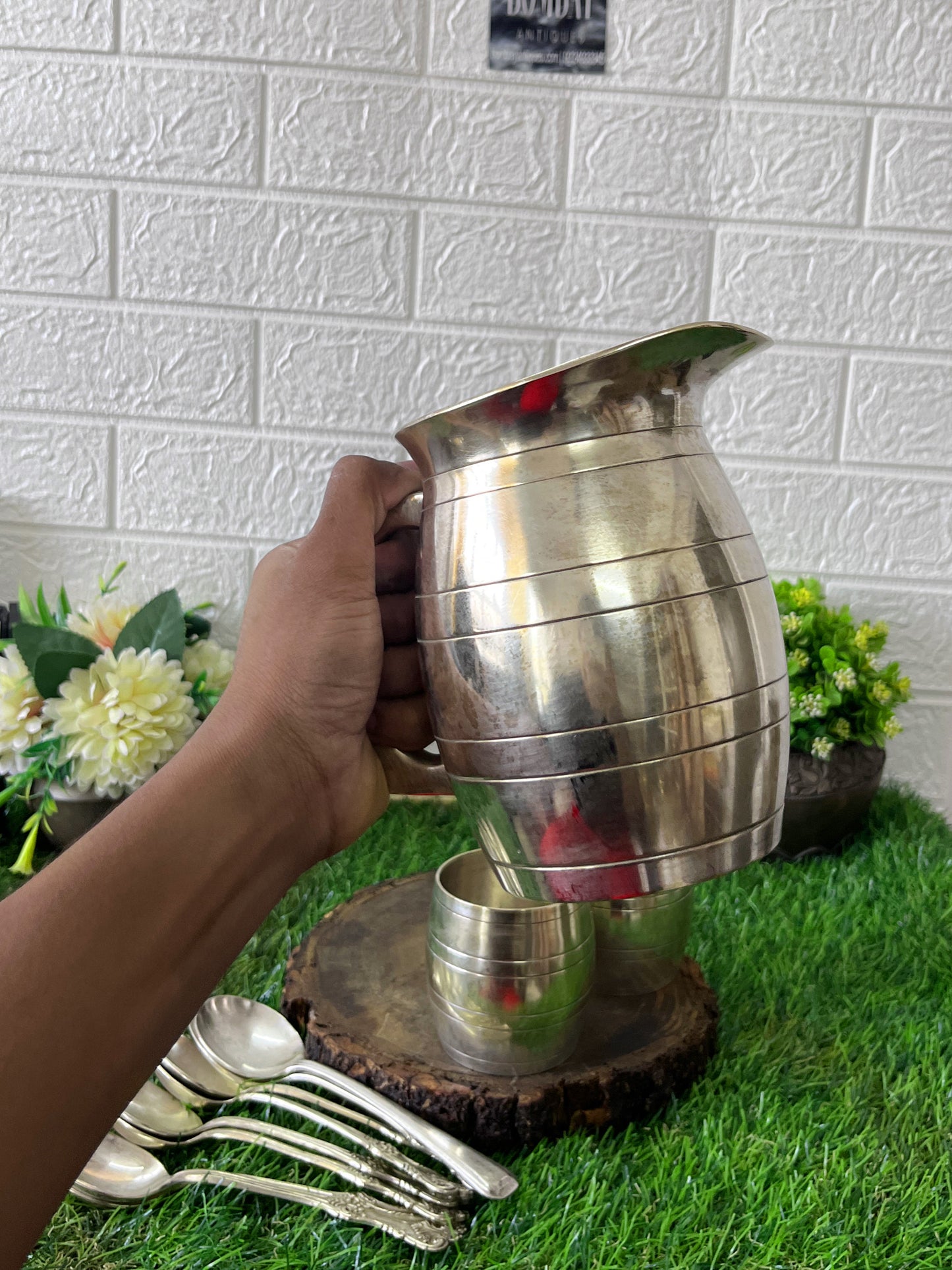 Brass Refreshment Set - Antique Silver Coated Brass Jug Set With Spoon And Glass - Bombay Antiques