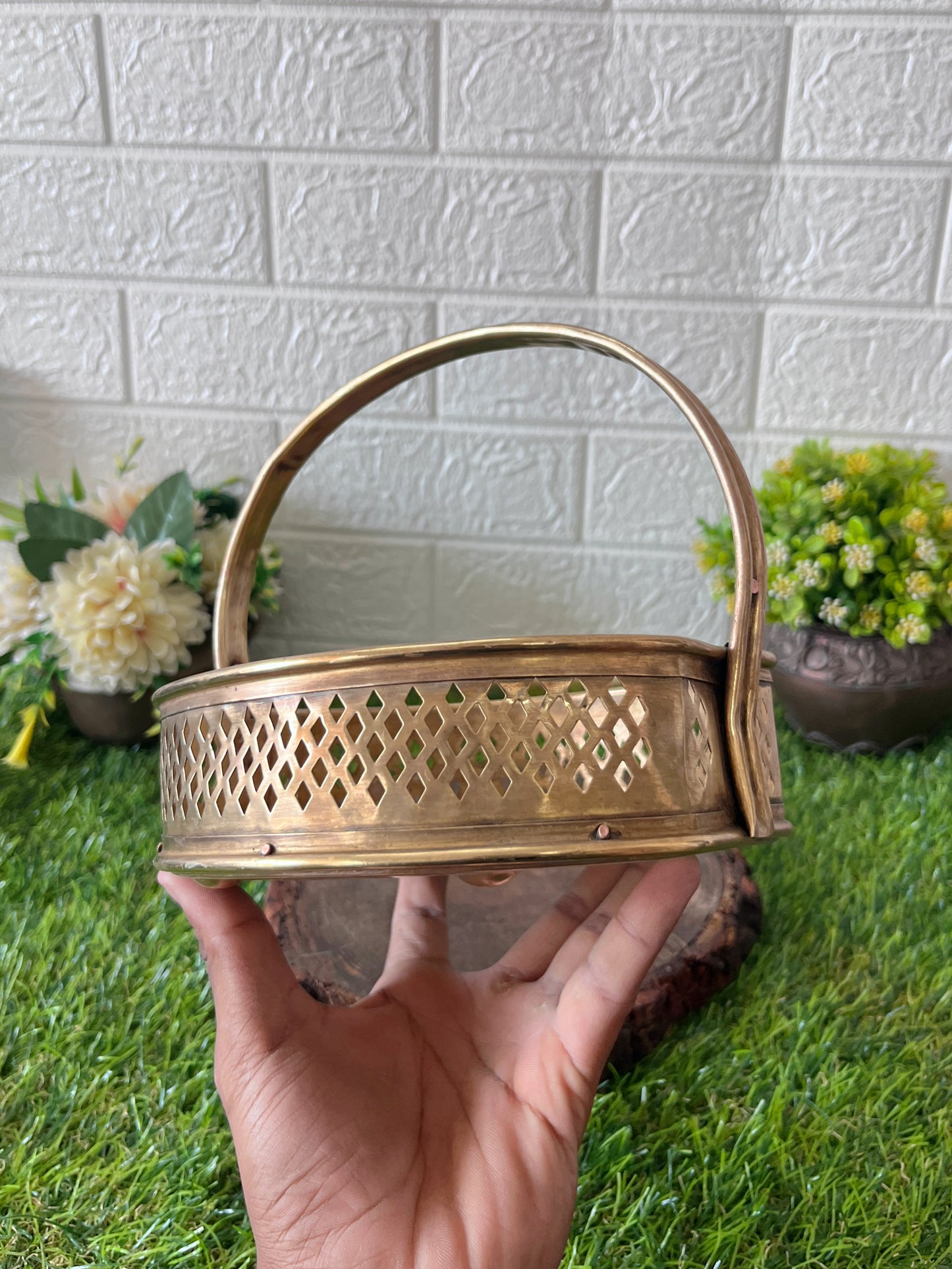 Brass Flower Basket - Antique Brass Decor Basket - Bombay Antiques