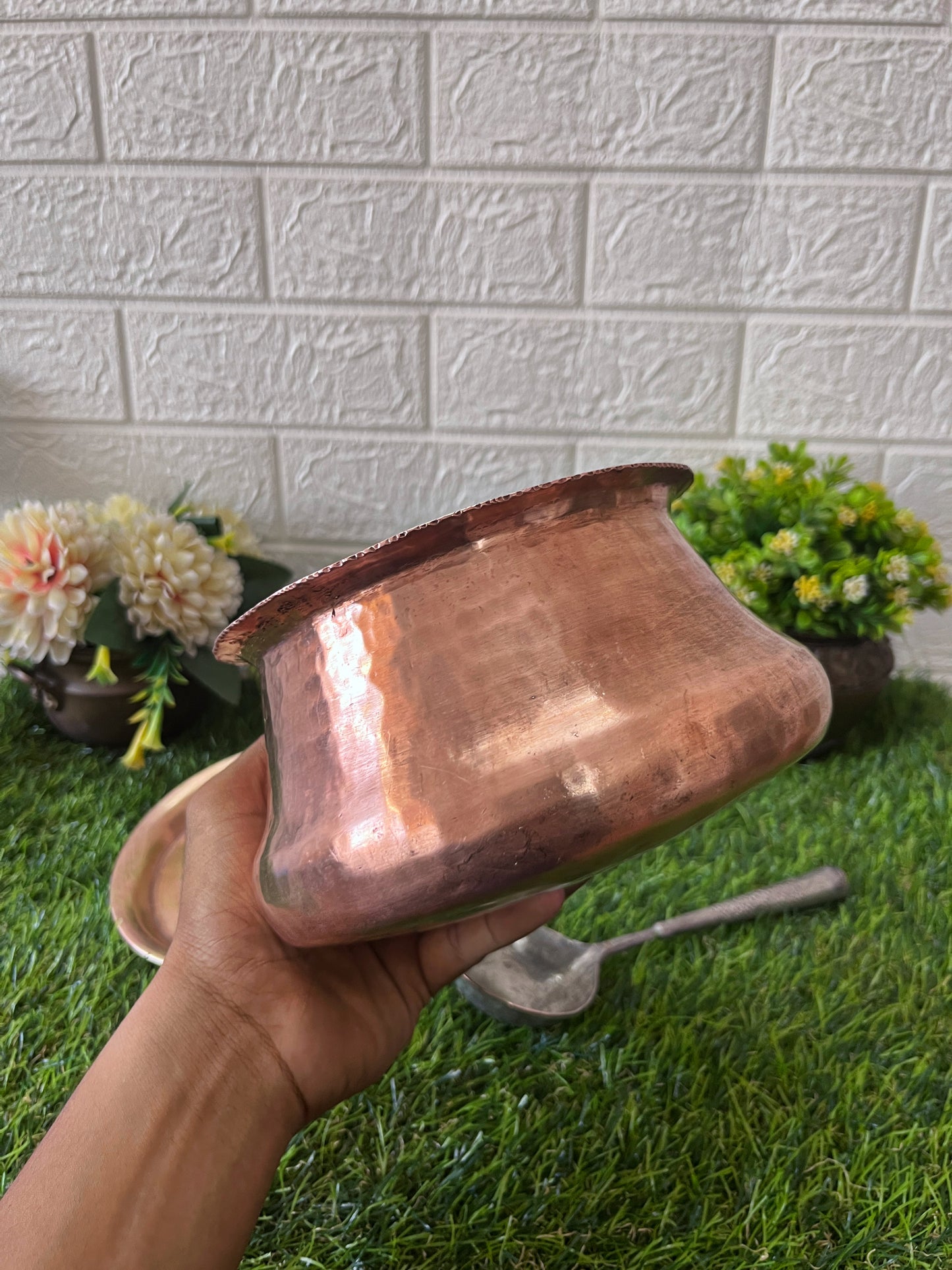 Copper Smal Deg With Brass Lid And Ladle - Antique Cookware - Bombay Antiques