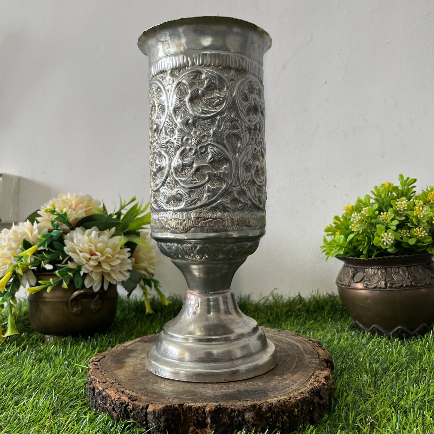Antique German Silver Engraved Vase - Bombay Antiques