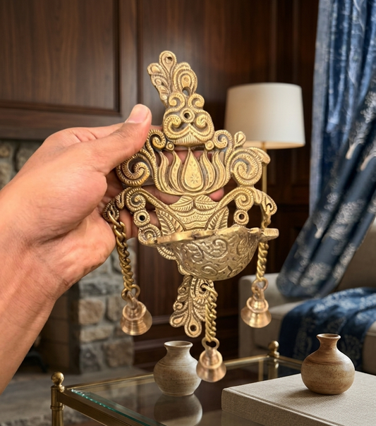 Antique Brass Engraved Wall Hanging Diya in Pair | Decorative Brass Wall Accent | Made in 1970