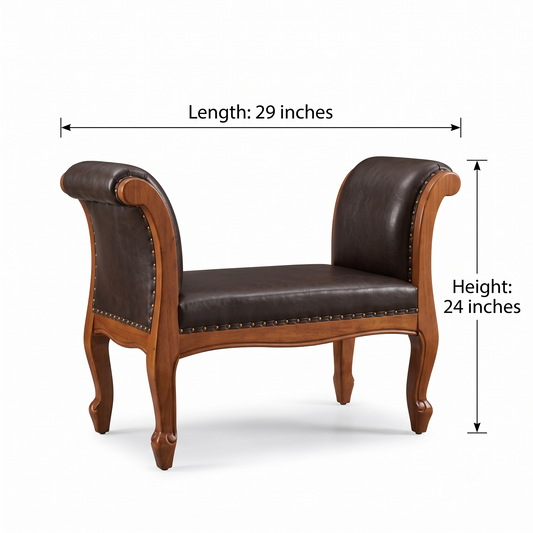Antique Sagwan Teak Wood Bench with Nailhead Trim | Solid Teak Rolled-Arm Window Seat | Inspired by Victorian Colonial Design - Bombay Antiques