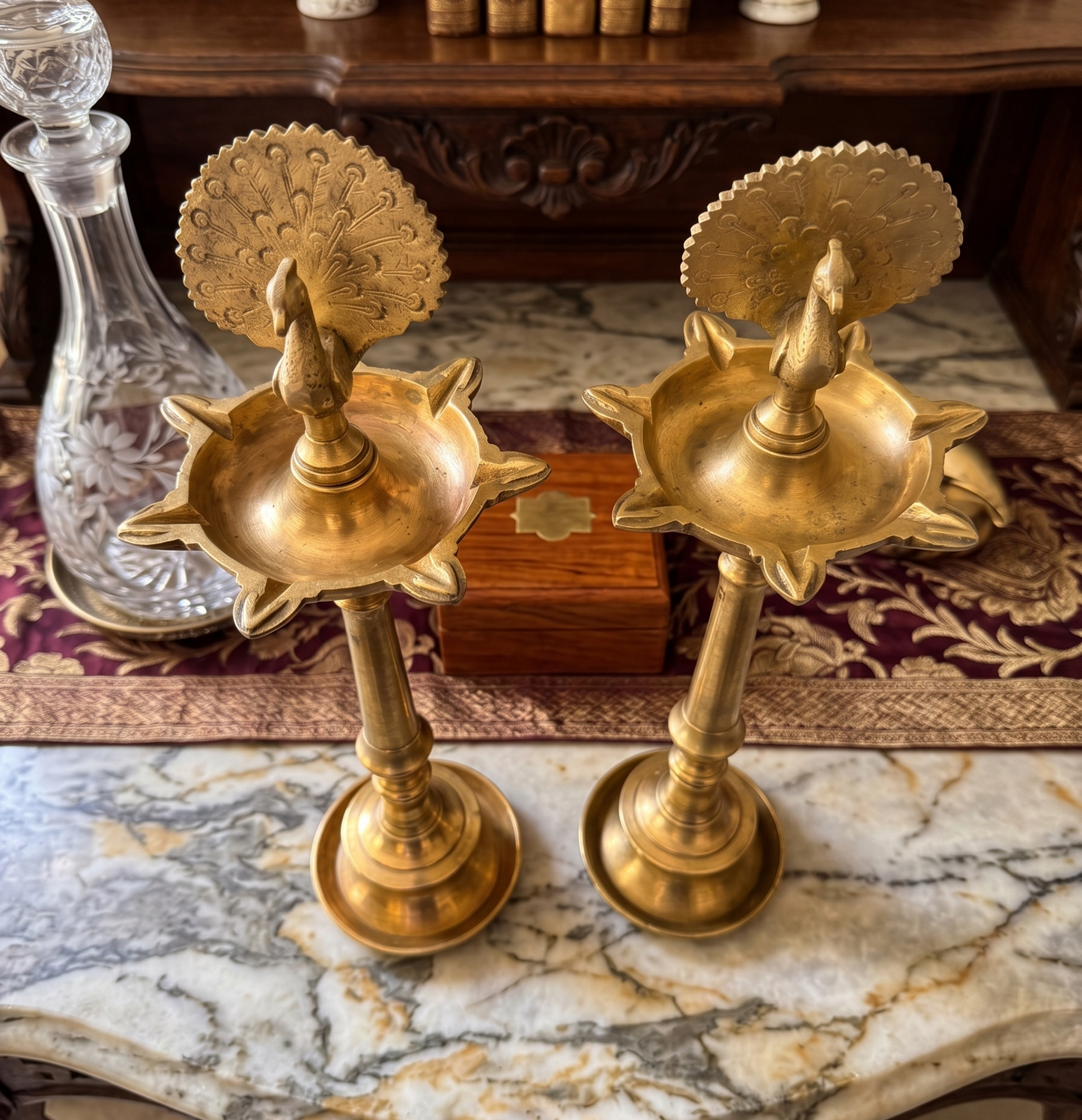 Antique Peetal Peacock Samay Pair | Premium Brass Standing Oil Lamps | Made in 1953 - Bombay Antiques