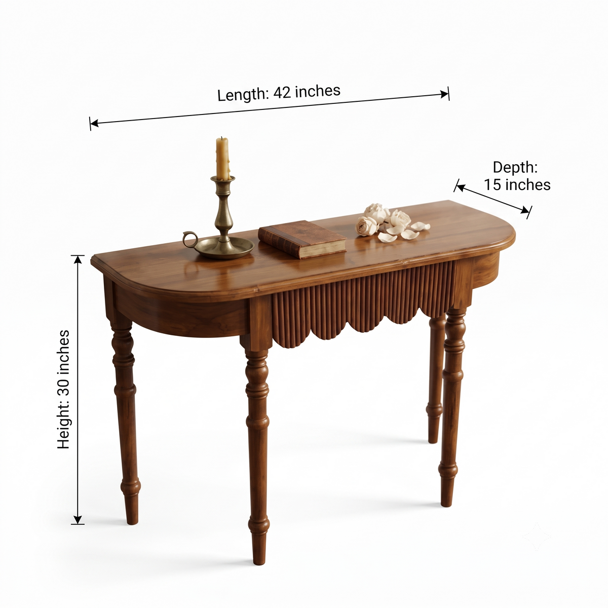 Sagwan Teak Wood Scalloped Fluted Console Table | Solid Teak Entryway & Foyer Table with Turned Legs | Inspired by 19th Century French & Art Deco Transition Design Movement