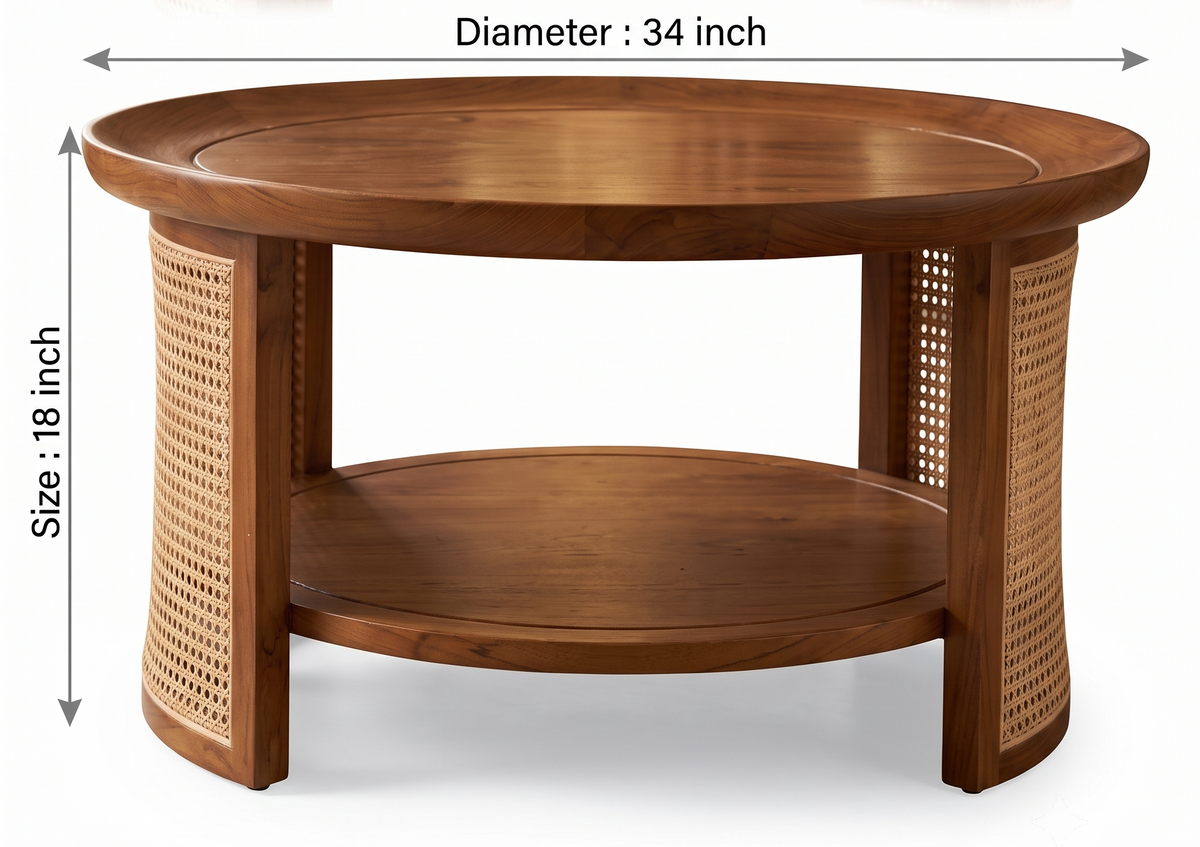 Sagwan Teak Wood Large Round Cane Panel Coffee Table | Solid Teak Rattan Drum Base Centre Table | Inspired by 1950s Mid-Century Colonial Design - Bombay Antiques