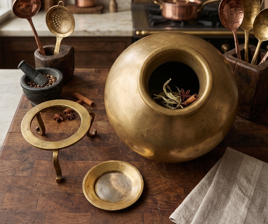 Antique Peetal Water Pot with Stand and Lid | Premium Brass Storage Vessel | Made in 1967 - Bombay Antiques