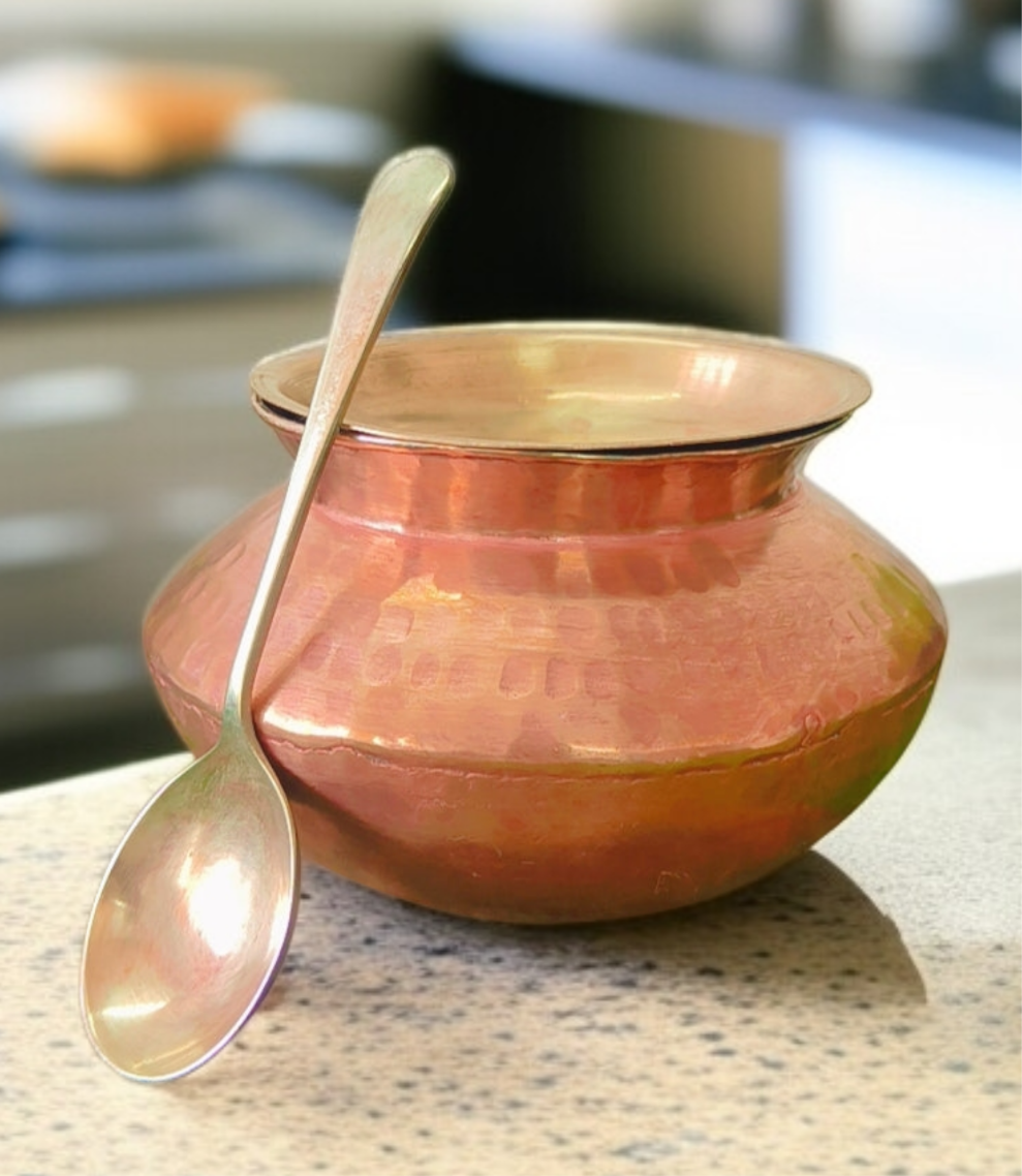 Antique Copper Cooking bowl | with Brass Ladle and lid | Tamba deg | Kitchen Utensil