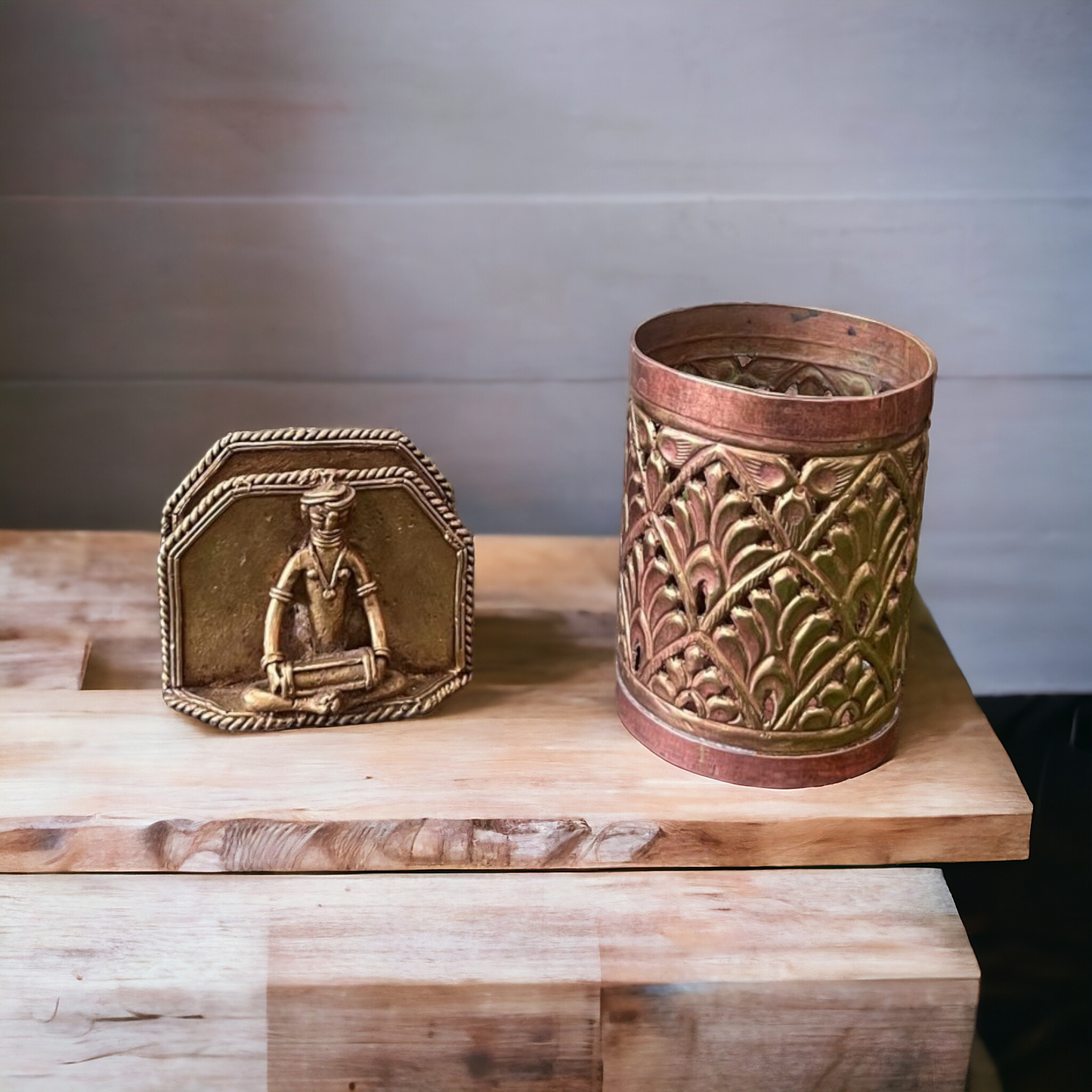 Brass Tissue And Copper Pen Holder In Pair - Antique Decors - Bombay Antiques