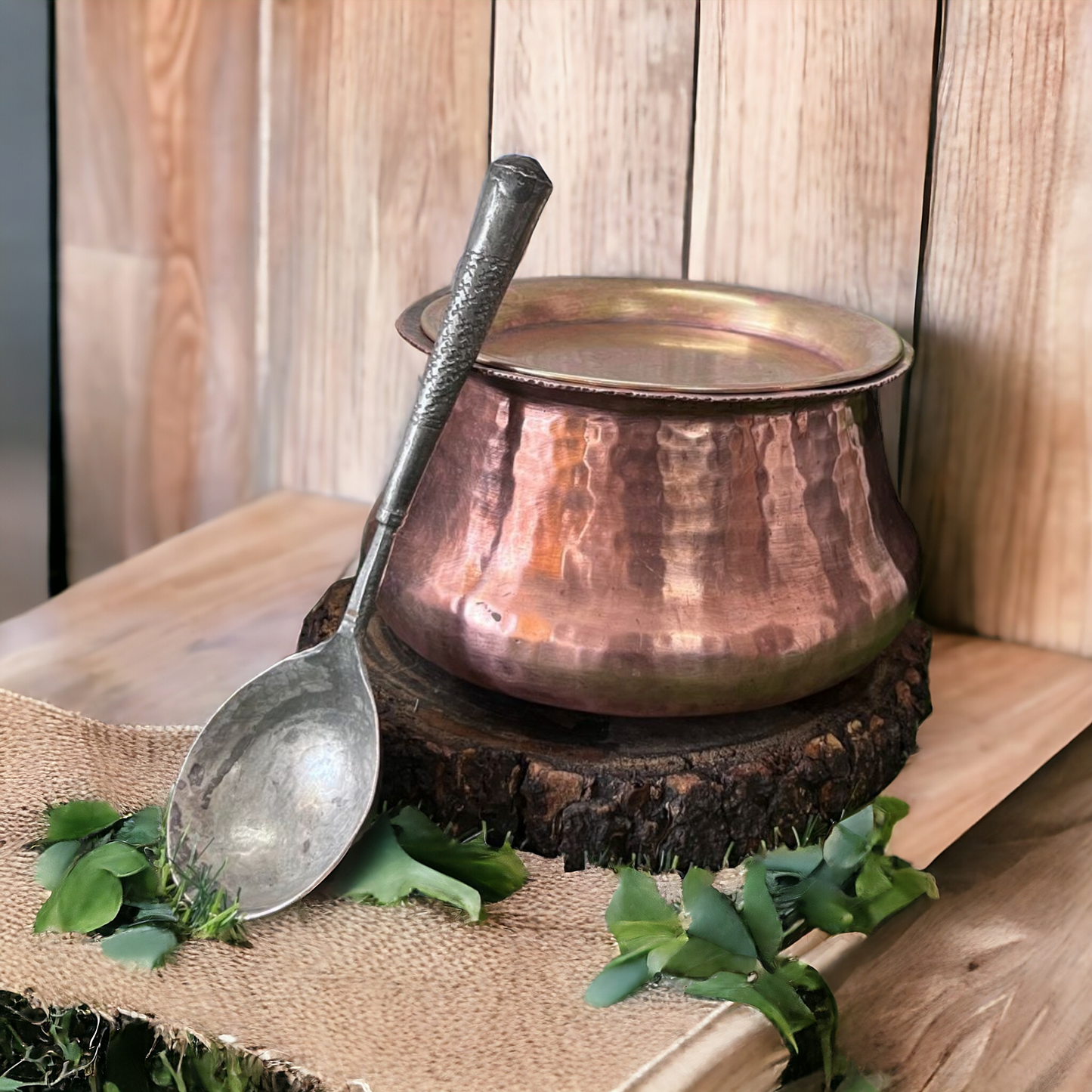 Copper Smal Deg With Brass Lid And Ladle - Antique Cookware - Bombay Antiques