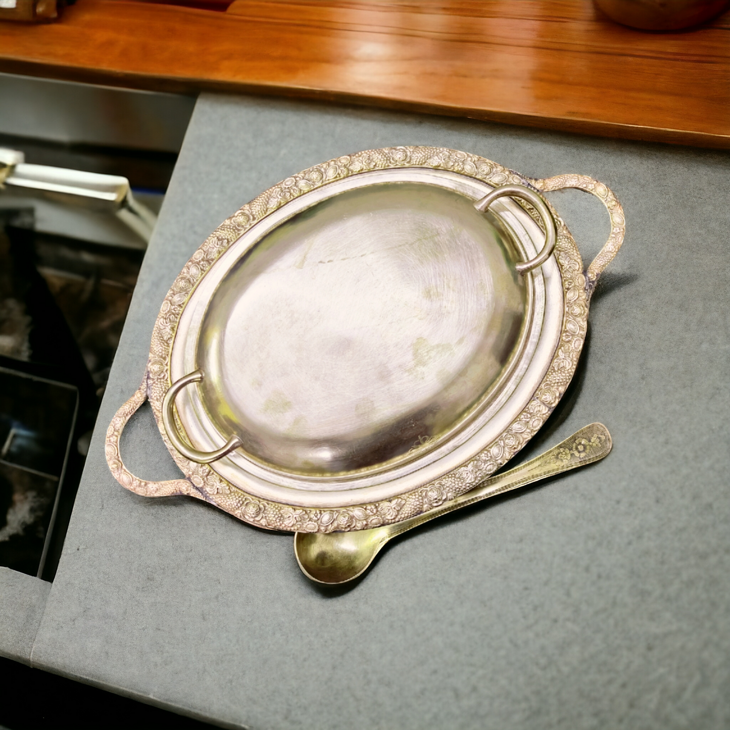 Antique Brass Engraved Dish with Lid & Spoons - Serving Items