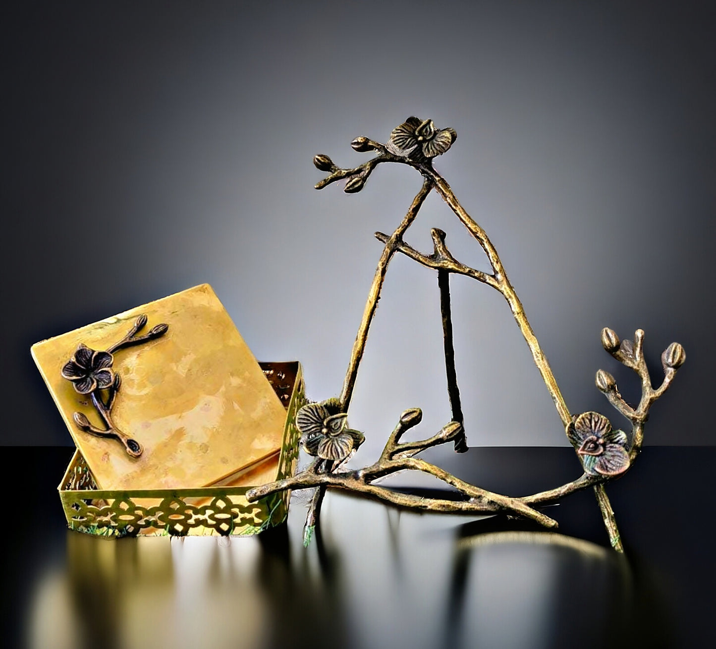 Antique Brass Leaves & Flowers Display Stand with Storage Box