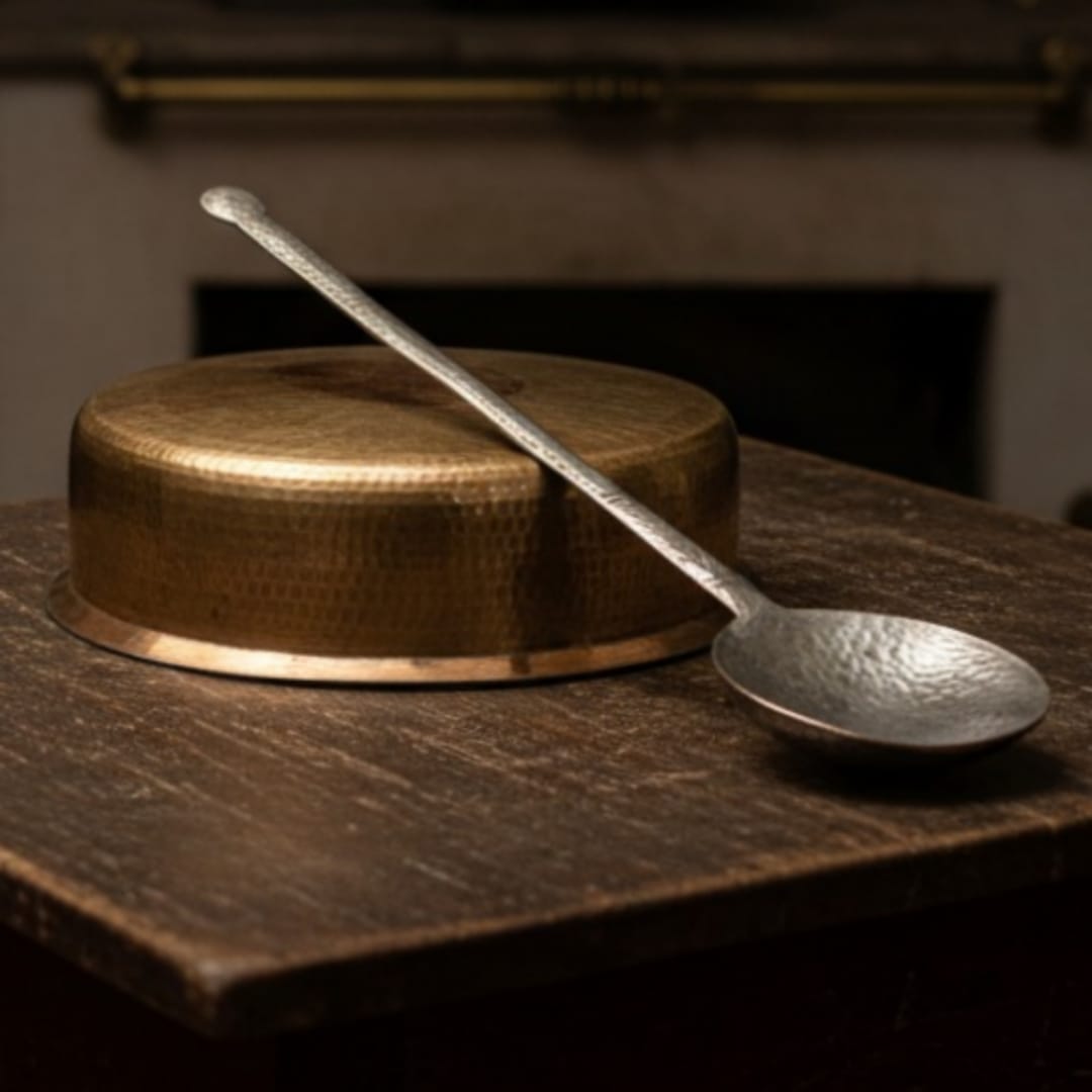 1966 Antique Brass Patila with Langadi 4L | Classic Brass Kitchen Décor Piece