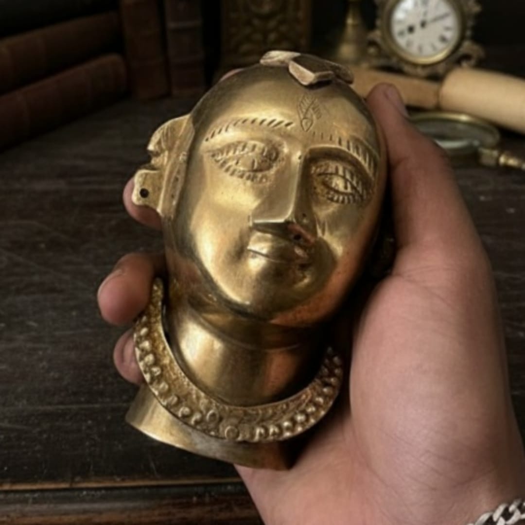 1964 Antique Brass Sculpted Head Décor Piece | Handcrafted Mid-Century Metal Art