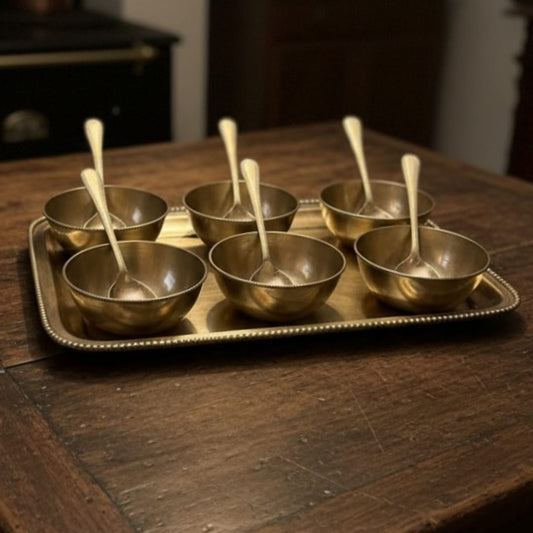 1972 Antique Brass Dessert Bowl Set with Serving Tray | Handcrafted Pital Tableware