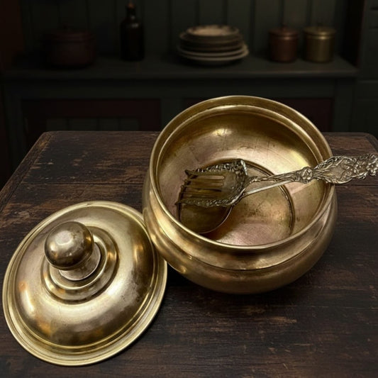 1991 Antique Brass Serving Bowl with Spoons and Lid | Brass Tableware Set