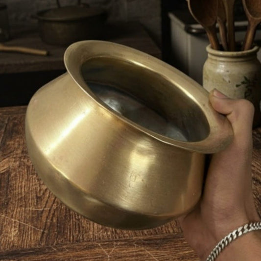 1995 Antique Brass Cooking Bowls Pair with Lid and Stand | Detailed Brass Serving Set