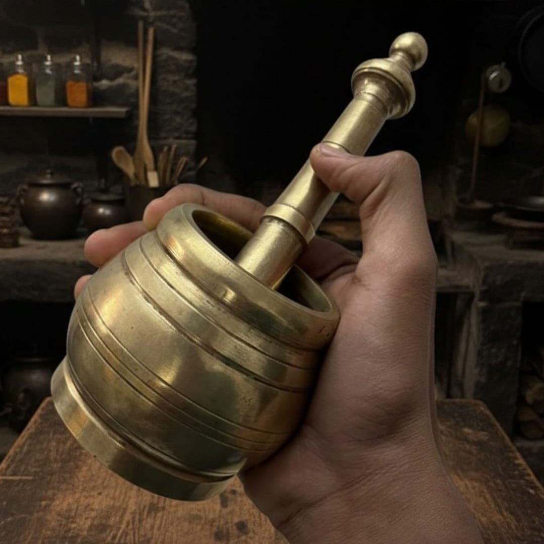1974 Antique Brass Khalbatta | Heavy Brass Mortar and Pestle Set