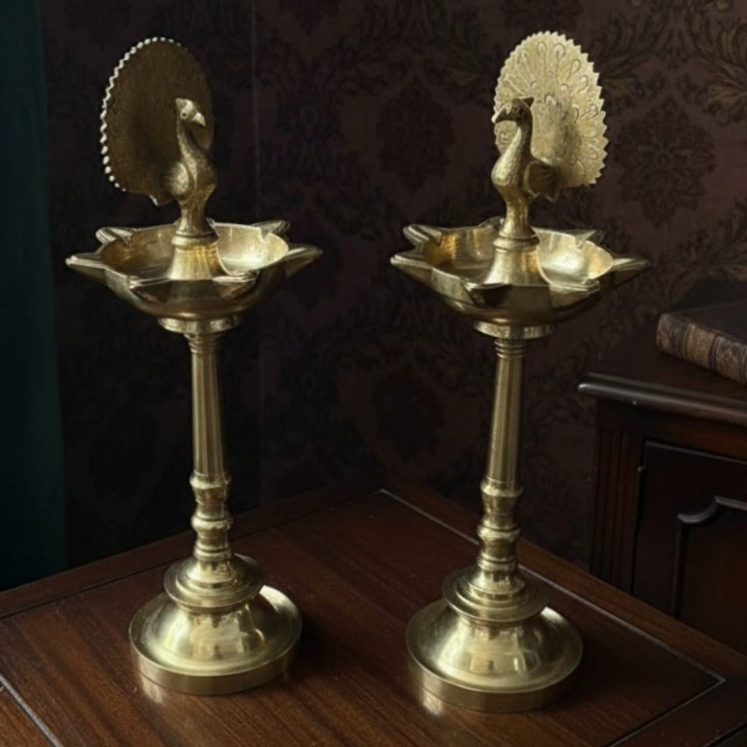 1973 Antique Brass Peacock Samay Pair | Tall Peacock-Form Brass Oil Lamps