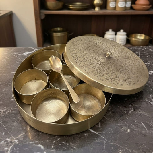 1989 Vintage Brass Engraved Spice Box | Vintage 7-Compartment Masala Dabba