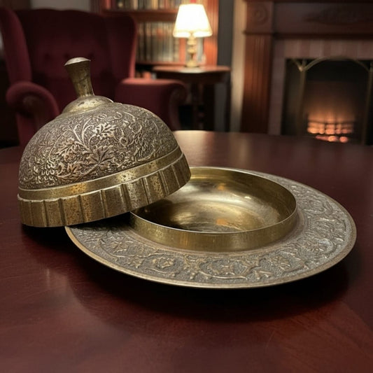 1986 Antique Brass Engraved Butter Bowl | Ornate Heritage Brass Serving Dish