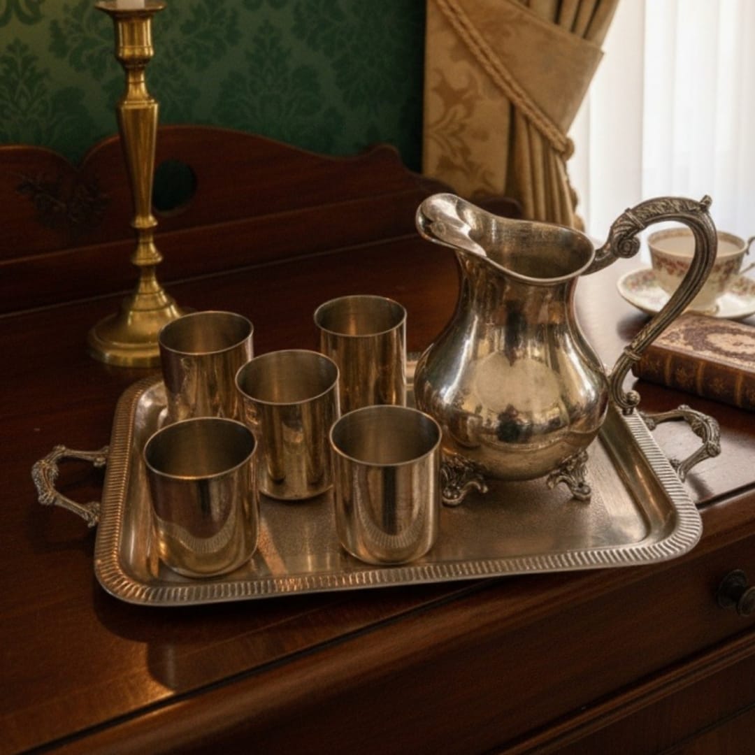 1985 Antique Brass Engraved Refreshment Set | English Barware Entertaining Collection