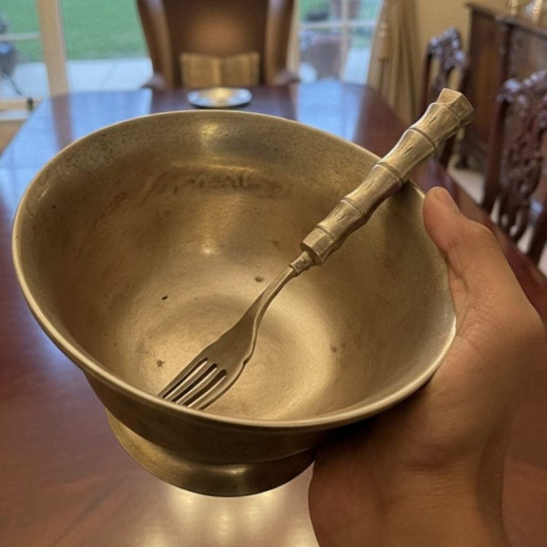 1988 Antique Bronze Bowl with Spoon | Traditional Serving Set