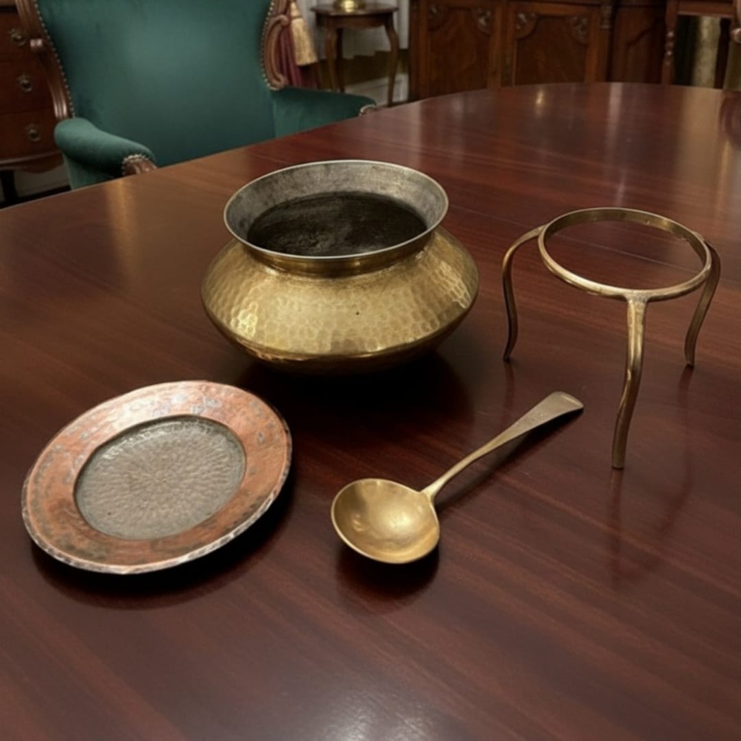 1989 Antique Brass Cooking Bowl Set | Complete Lid Ladle Stand Ensemble - Bombay Antiques